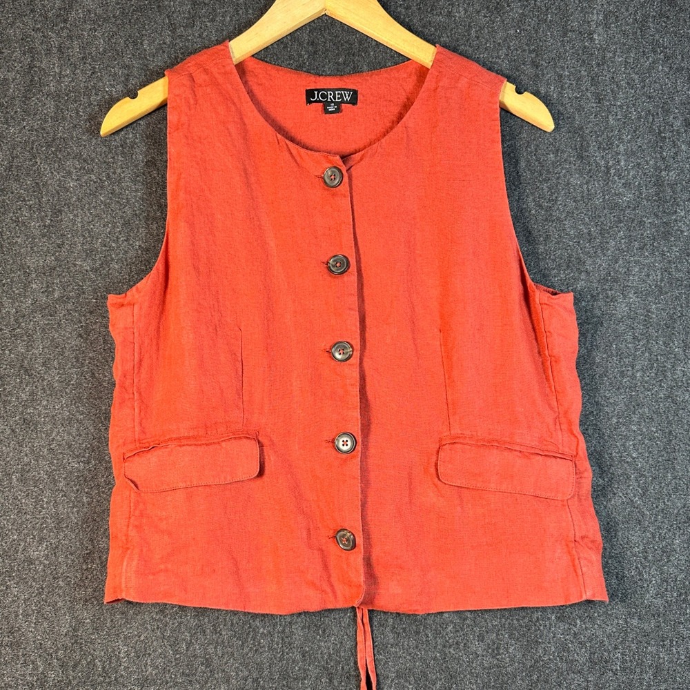 J.Crew Womens Rust Orange Button Front Linen Blend Vest Tie Back Size 10